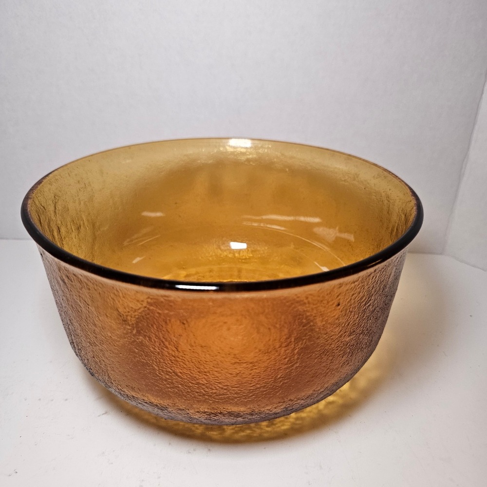 Vintage Amber Crinkle Textured Glass Mixing Bowl Bark Pattern‎ Mid Century 8.5in